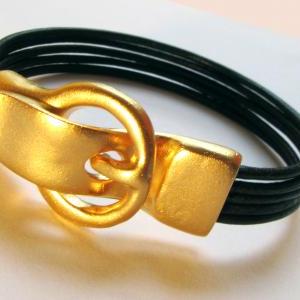 Gold Buckle Black Leather Bracelet, Magnet..