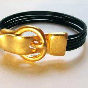 Gold Buckle Black Leather Bracelet, Magnet..