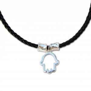 Silver Hamsa Pendant Leather Necklace, Kasbbalah..