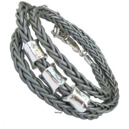 Braid Leather Wrap Bracelet With Silver Beads,..