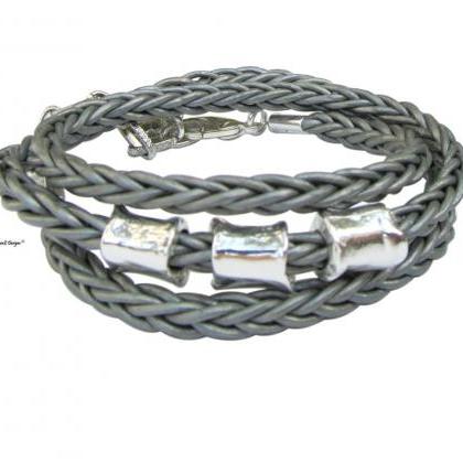 Braid Leather Wrap Bracelet With Silver Beads,..