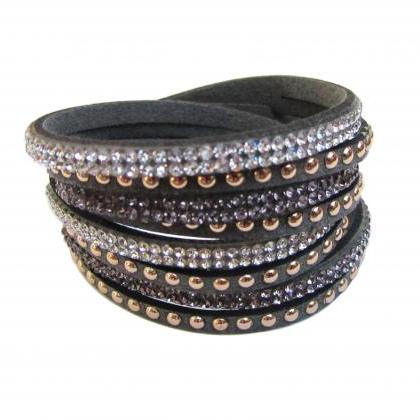 Swarovski Like Crystals P.u Leather Wrap Bracelet..