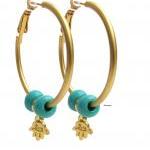 Gold Hoop Earrings With Hamsa And Turquoise Beads