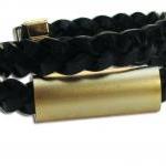 Gold Tube Bead With Braid Leather Wrap Bracelet