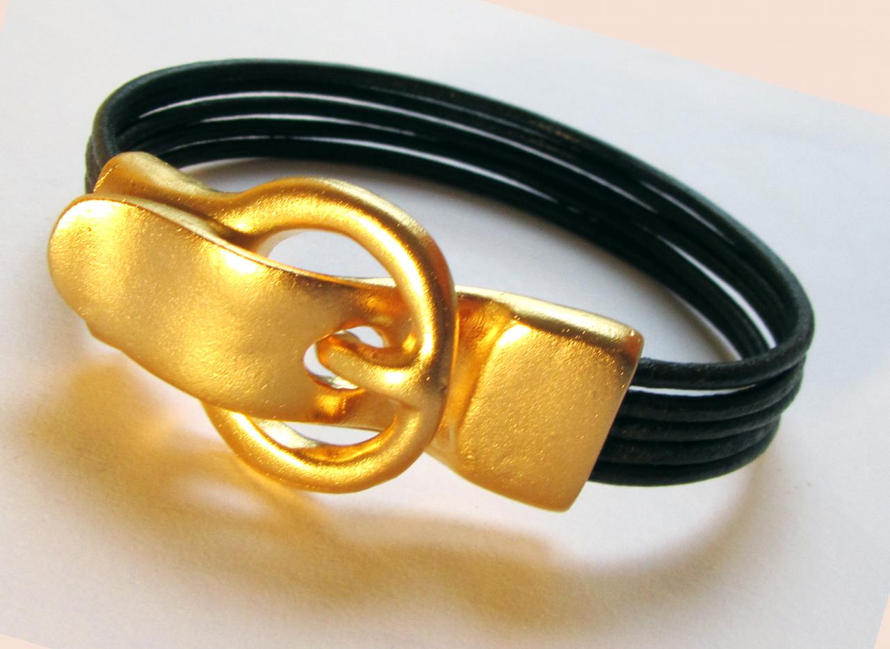 Gold Buckle Black Leather Bracelet, Magnet Bracelet, Women Fashion Jewelry,