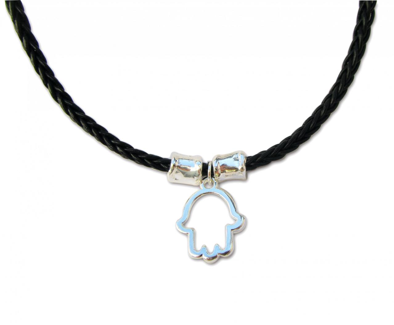 Silver Hamsa Pendant Leather Necklace, Kasbbalah Jewelry, Friendship Love Necklace
