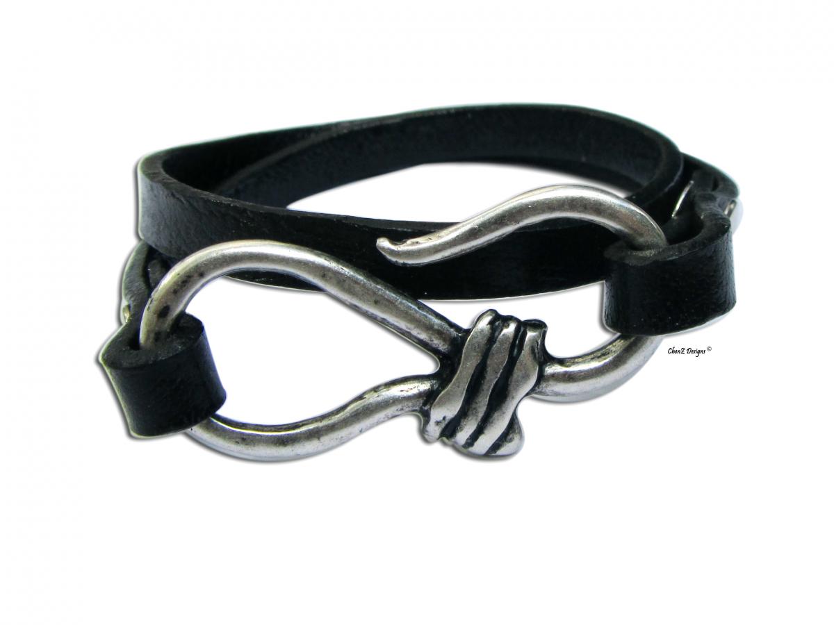 Silver Hook Black Leather Wrap Bracelet on Luulla
