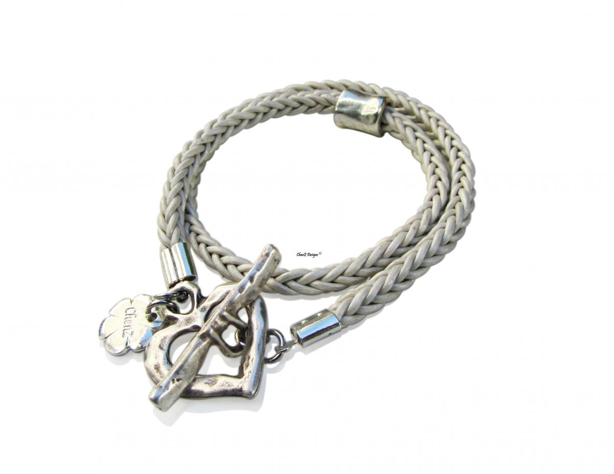 Silver Heart Braid Leather Wrap Bracelet -