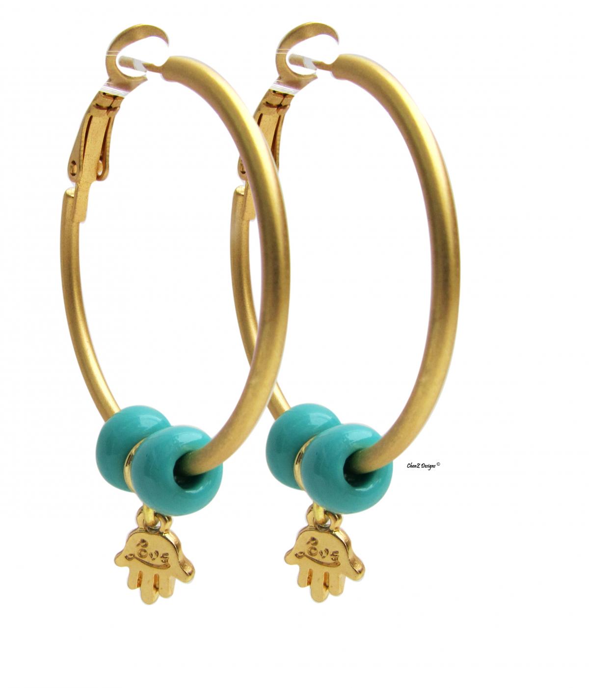 Gold Hoop Earrings With Hamsa And Turquoise Beads